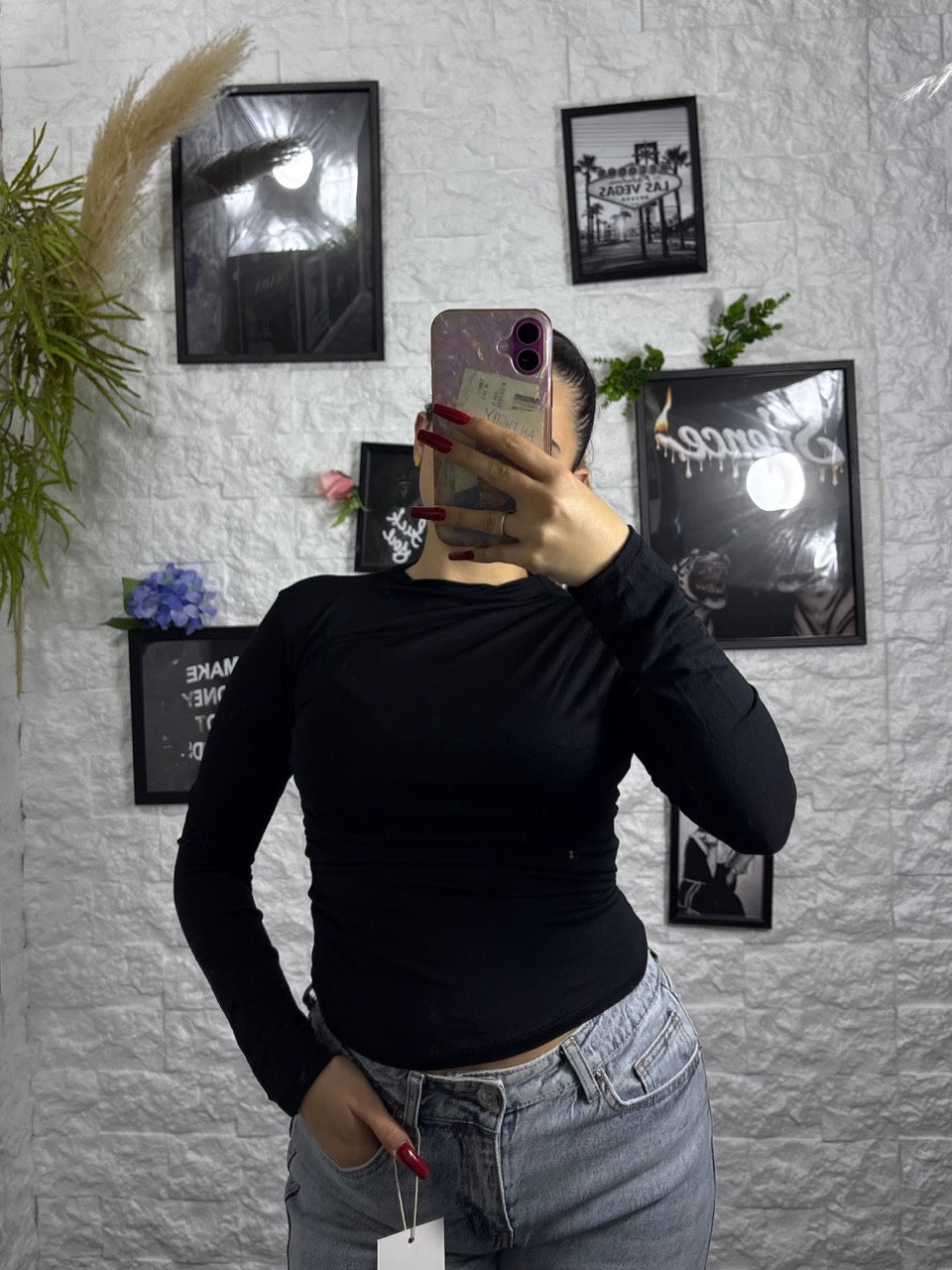 T-shirt leggera manica lunga tinta unita con mezzo collo alto