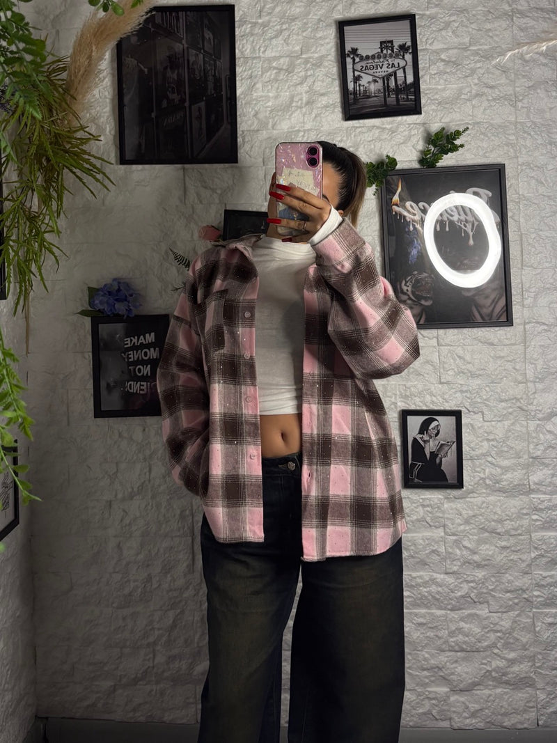 Camicia oversize a quadri con brillantini