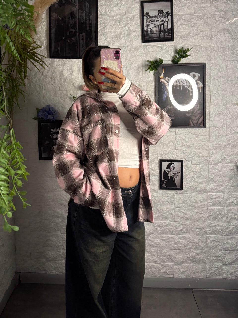 Camicia oversize a quadri con brillantini