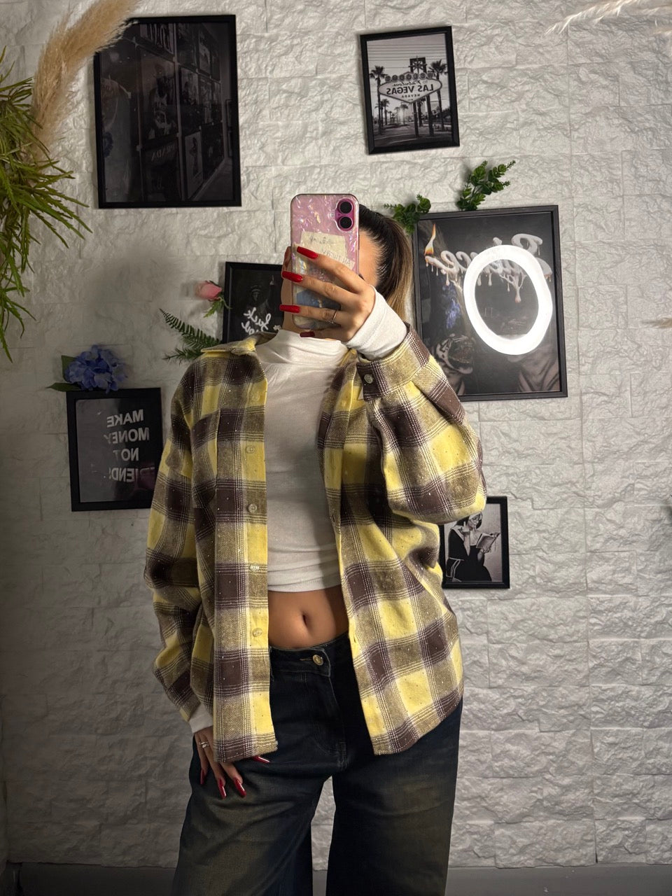 Camicia oversize a quadri con brillantini