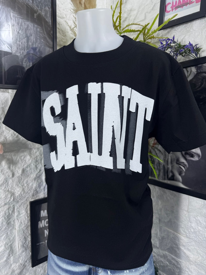 T-shirt nera con stampa "SAINT" - OVERSIZE 10-16 anni