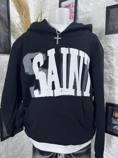 Felpa nera con cappuccio e stampa "SAINT" - OVERSIZE - GARZATO 10-16 anni