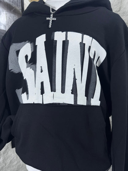 Felpa nera con cappuccio e stampa "SAINT" - OVERSIZE - GARZATO 10-16 anni