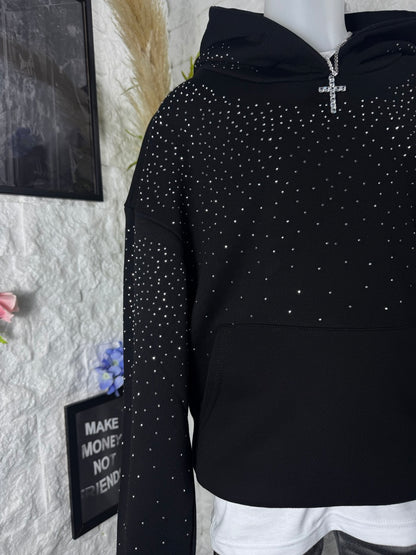 Felpa nera con cappuccio e strass - OVERSIZE - GARZATO 10-16 anni