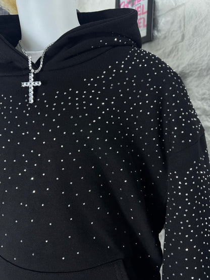 Felpa nera con cappuccio e strass - OVERSIZE - GARZATO 10-16 anni