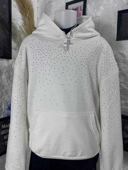 Felpa bianca con cappuccio e strass - OVERSIZE - GARZATO 10-16 anni
