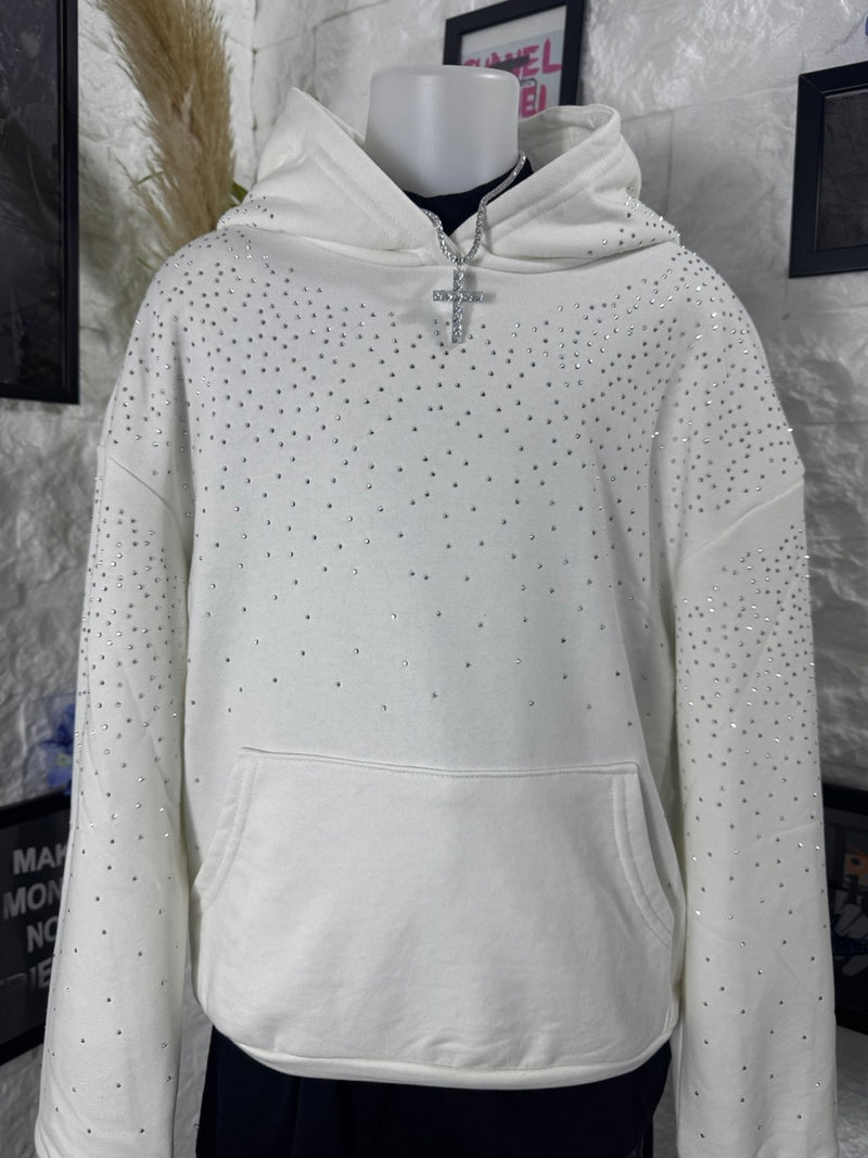 Felpa bianca con cappuccio e strass - OVERSIZE - GARZATO 10-16 anni