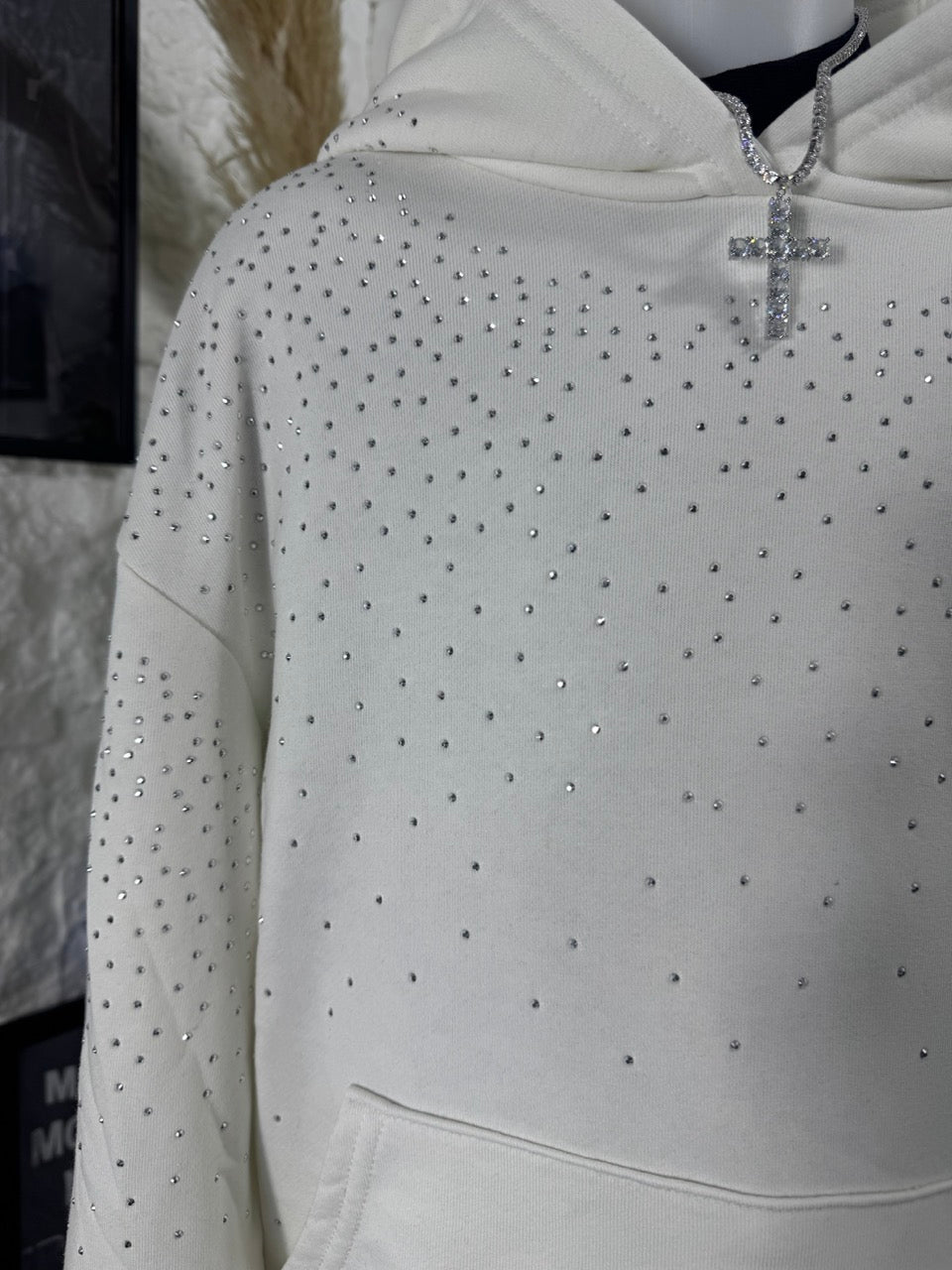 Felpa bianca con cappuccio e strass - OVERSIZE - GARZATO 10-16 anni