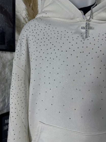 Felpa bianca con cappuccio e strass - OVERSIZE - GARZATO 10-16 anni