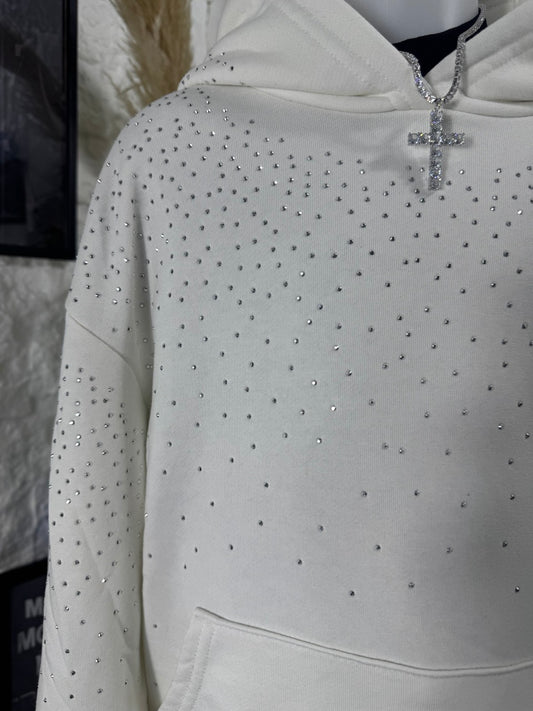 Felpa bianca con cappuccio e strass - OVERSIZE - GARZATO 10-16 anni