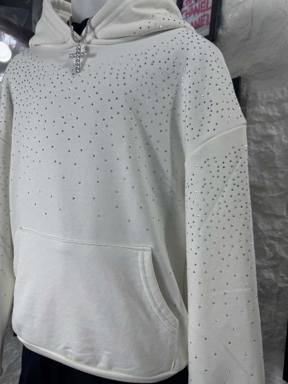 Felpa bianca con cappuccio e strass - OVERSIZE - GARZATO 10-16 anni