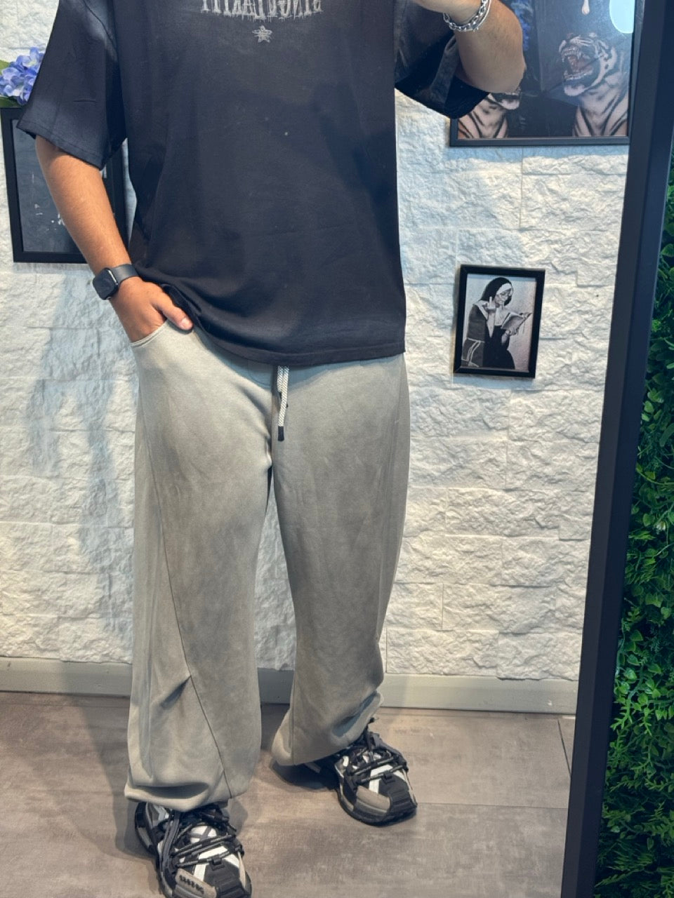 Pantalone balloon grigio ghiaccio in tuta slavato - OVERSIZE - GARZATO