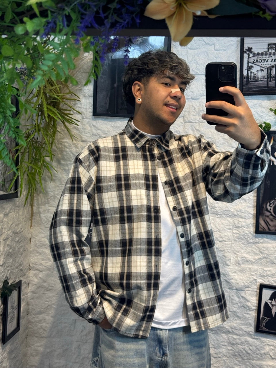 Camicia a quadri panna e nera con bottoni - OVERSIZE