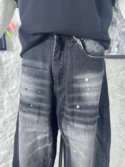 Jeans balloon nero in denim slavato con schizzi di vernice 6-16 anni