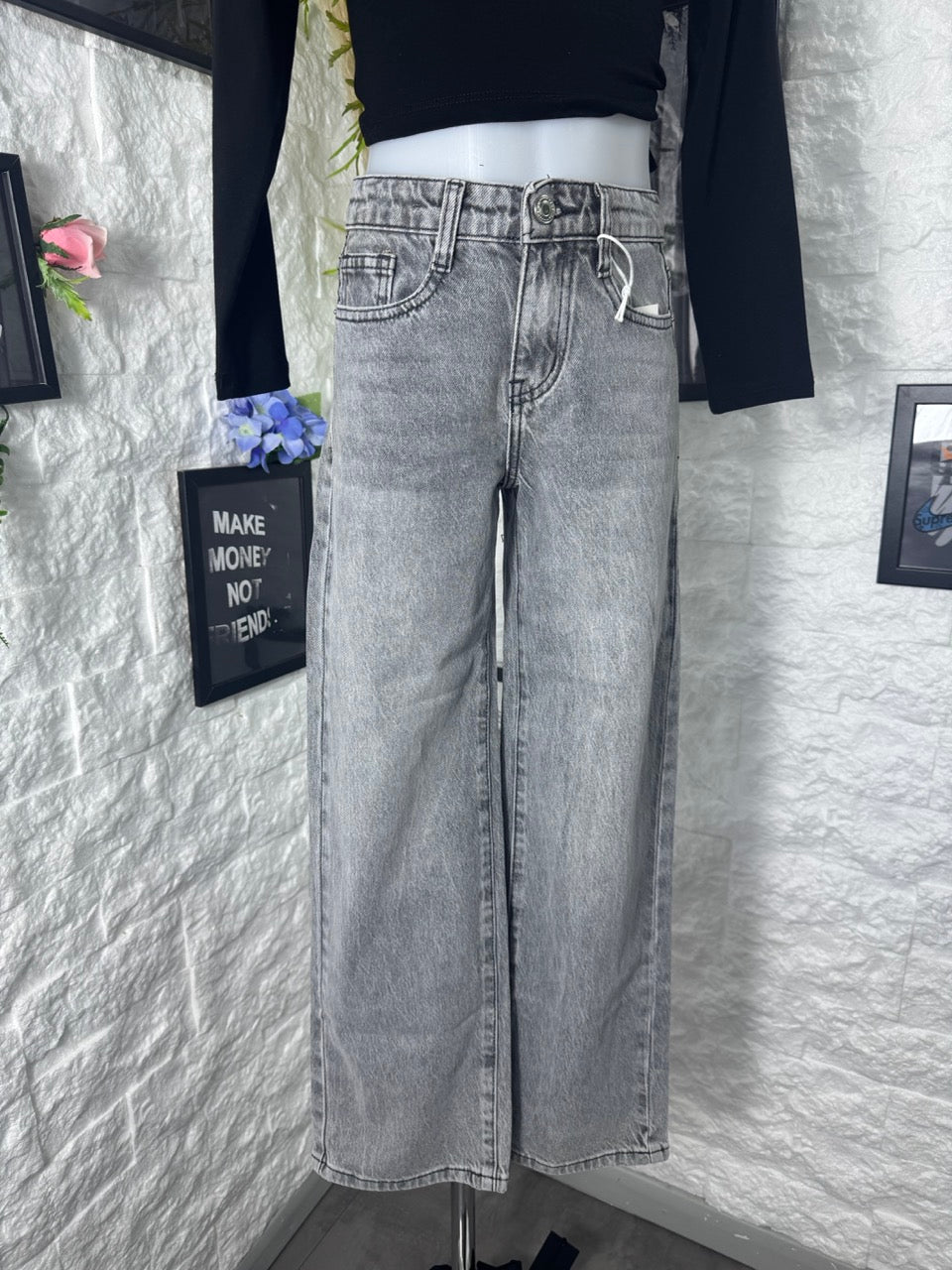 Jeans grigio chiaro in denim con strappi e tasca strass 4-14 anni