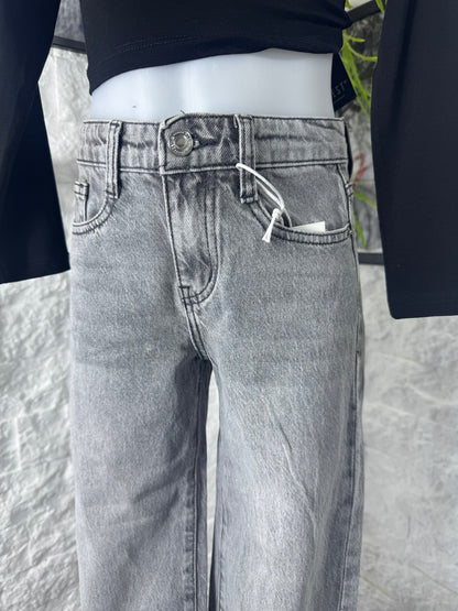 Jeans grigio chiaro in denim con strappi e tasca strass 4-14 anni