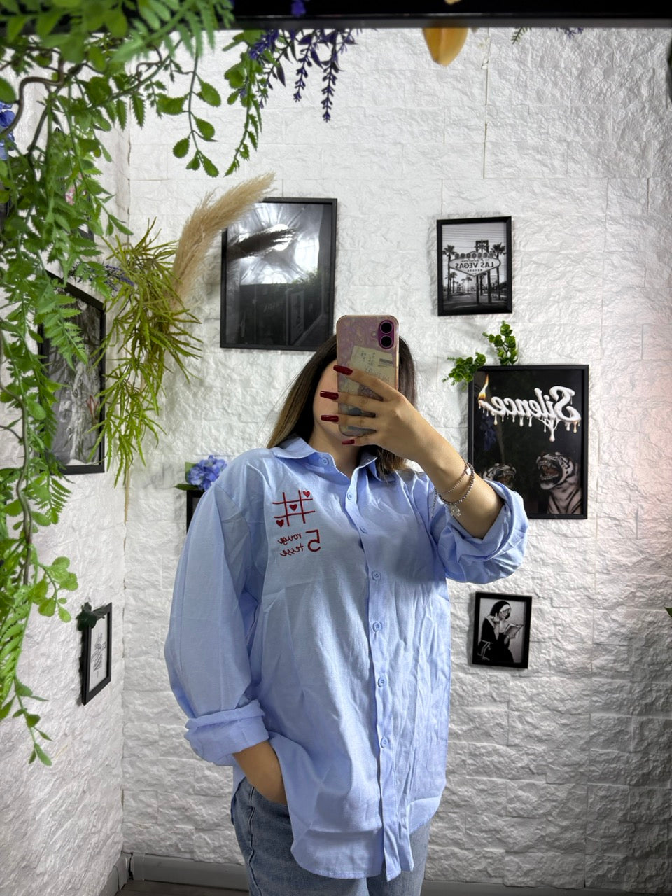 Camicia rosa con ricamo "LOVE YOU" - OVERSIZE