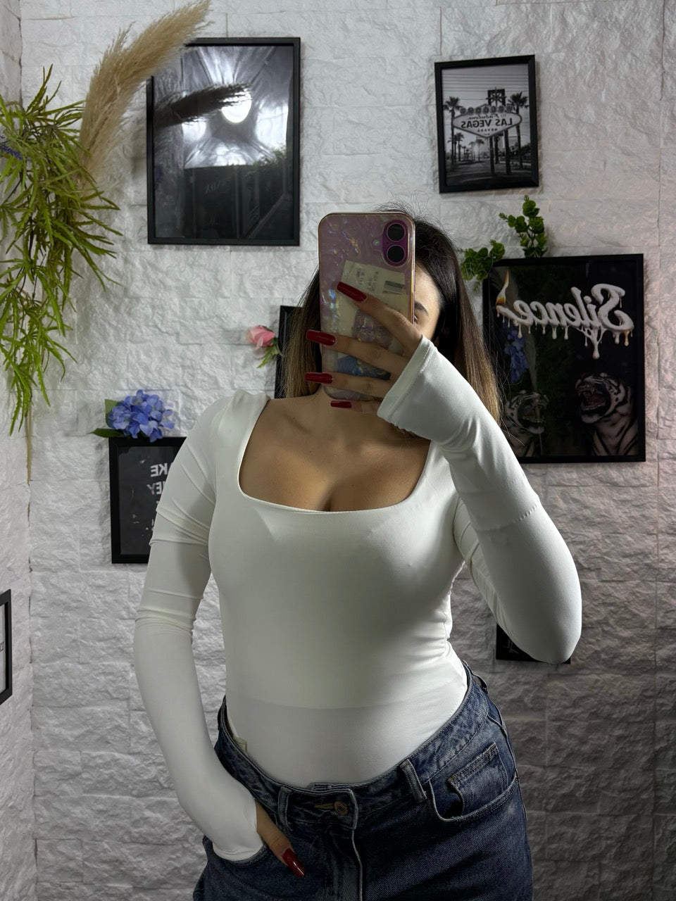 Body aderente a manica lunga con scollo quadrato