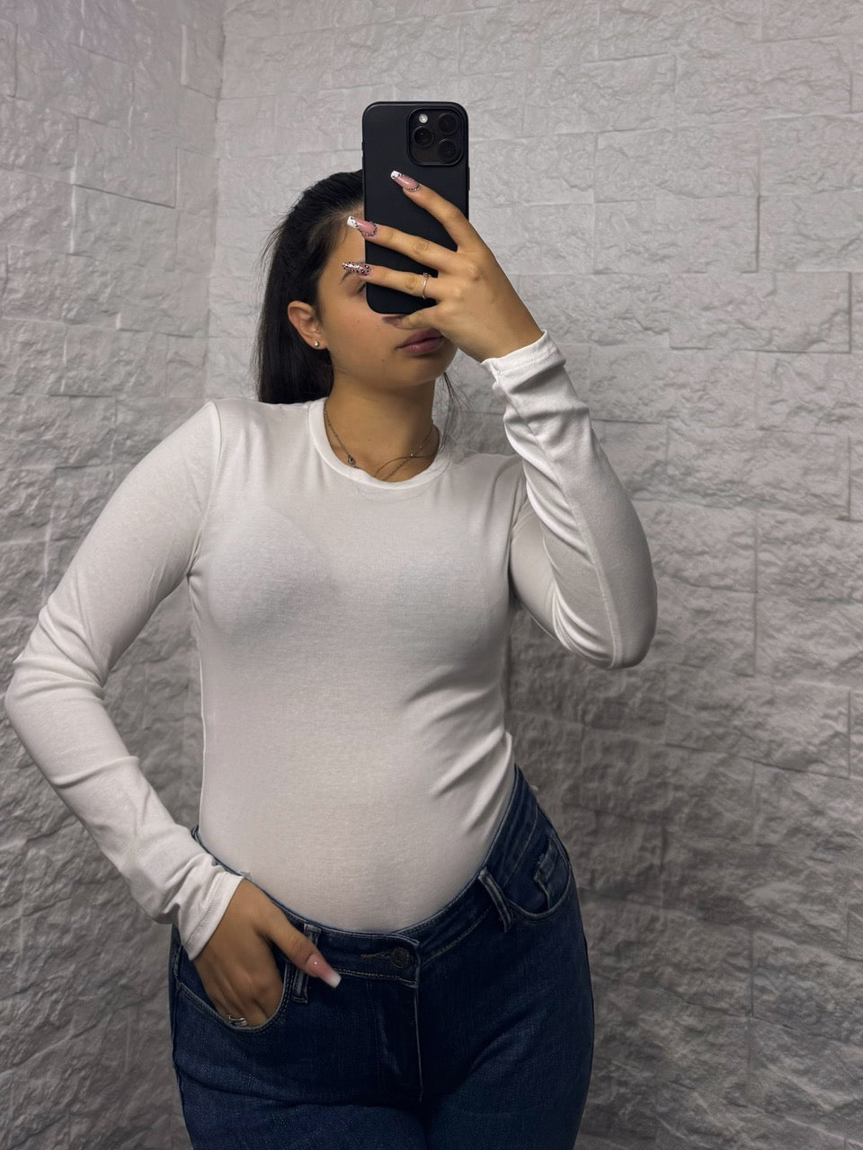 T-shirt in cotone elasticizzato in tinta unita a manica lunga