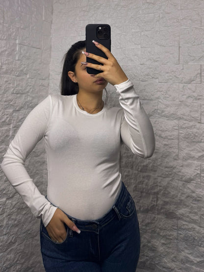 T-shirt in cotone elasticizzato in tinta unita a manica lunga