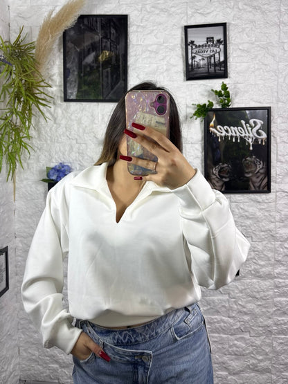 Felpa in tinta unita in tessuto morbido con colletto e scollo a V