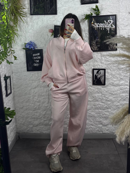 Completo tinta unita con felpa college zip e pantalone fondo ampio - GARZATO