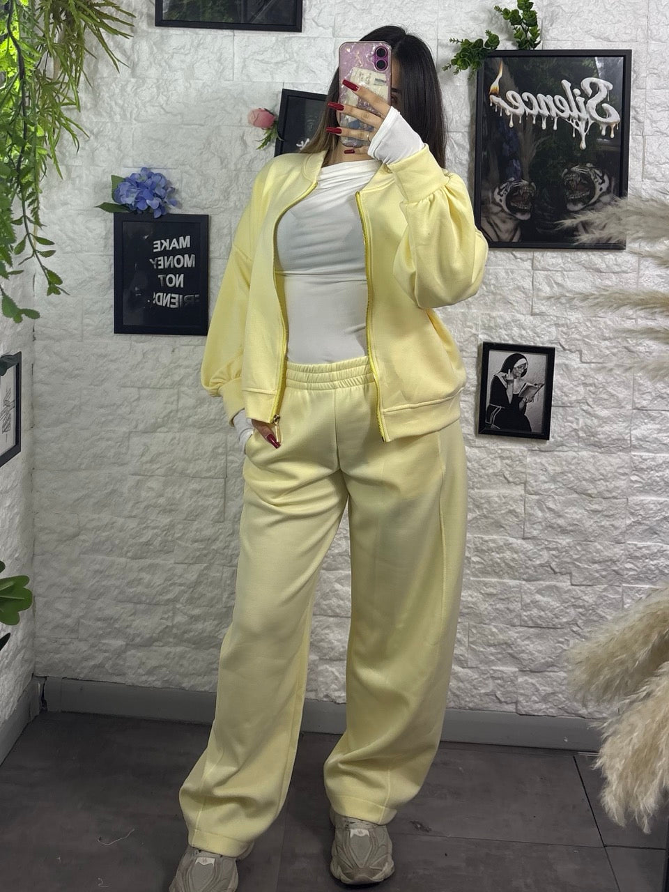 Completo tinta unita con felpa college zip e pantalone fondo ampio - GARZATO