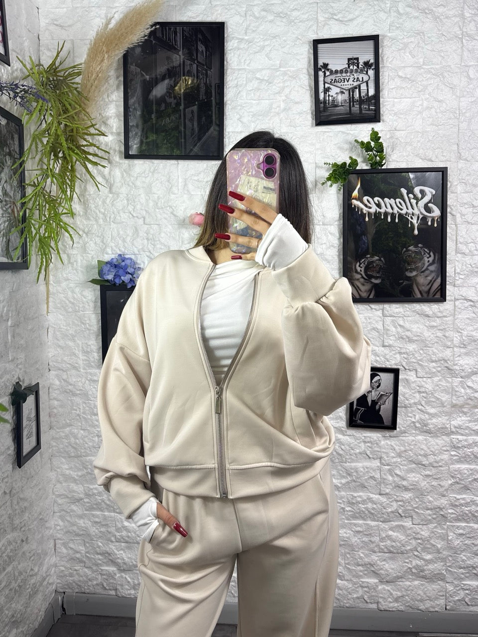Completo tinta unita con felpa college zip e pantalone fondo ampio - GARZATO