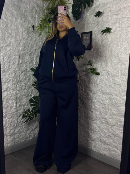 Completo tinta unita con felpa college zip e pantalone fondo ampio - GARZATO