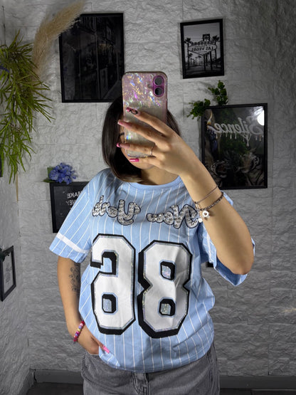 T-shirt a righe con numero 38 e strass - OVERSIZE