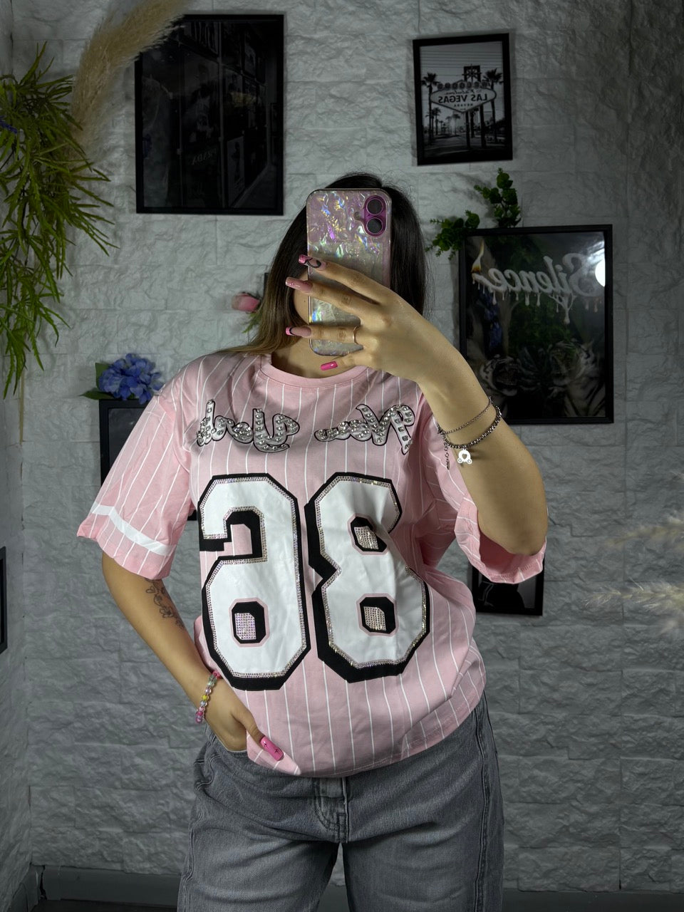 T-shirt a righe con numero 38 e strass - OVERSIZE