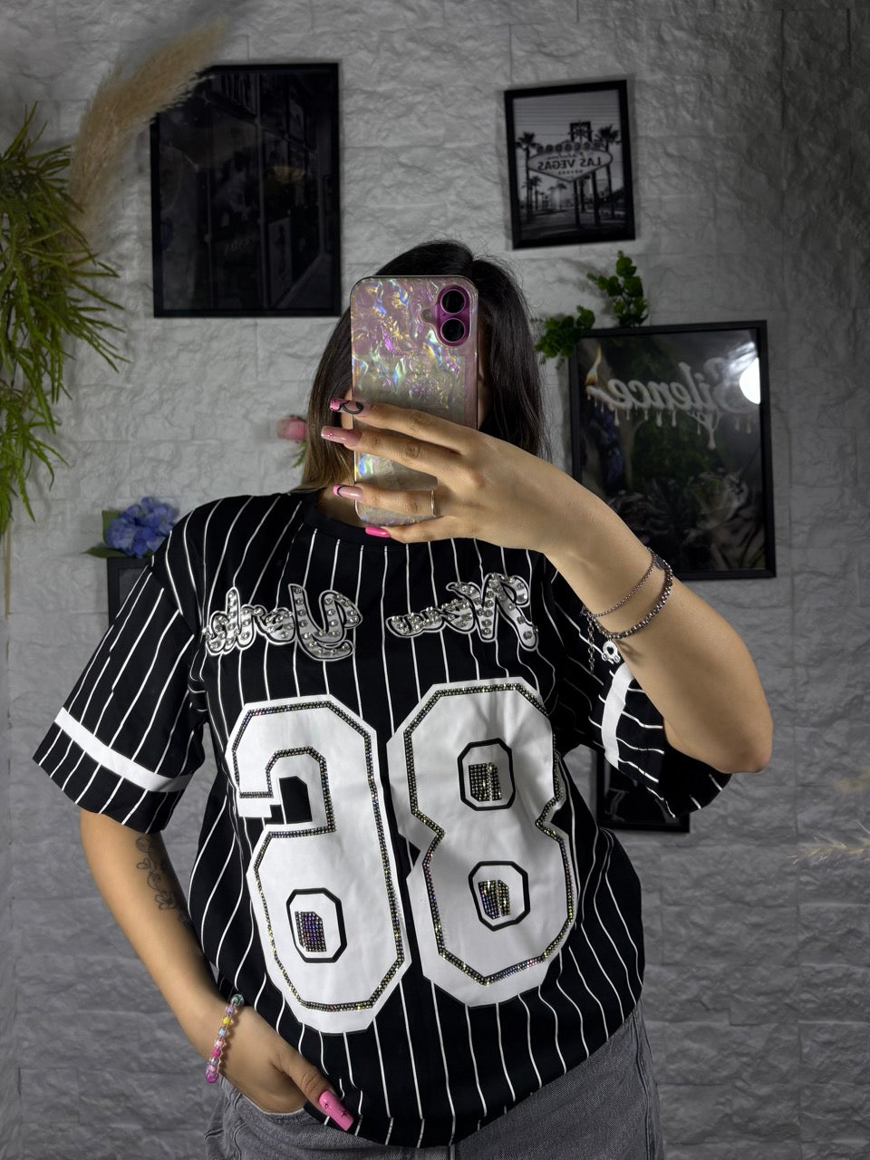 T-shirt a righe con numero 38 e strass - OVERSIZE