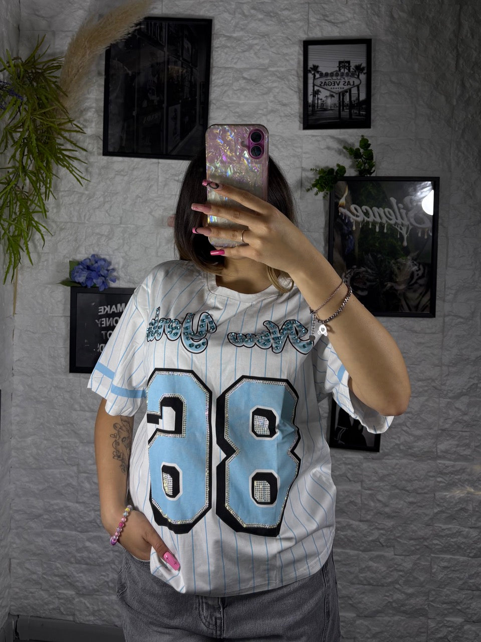 T-shirt a righe con numero 38 e strass - OVERSIZE