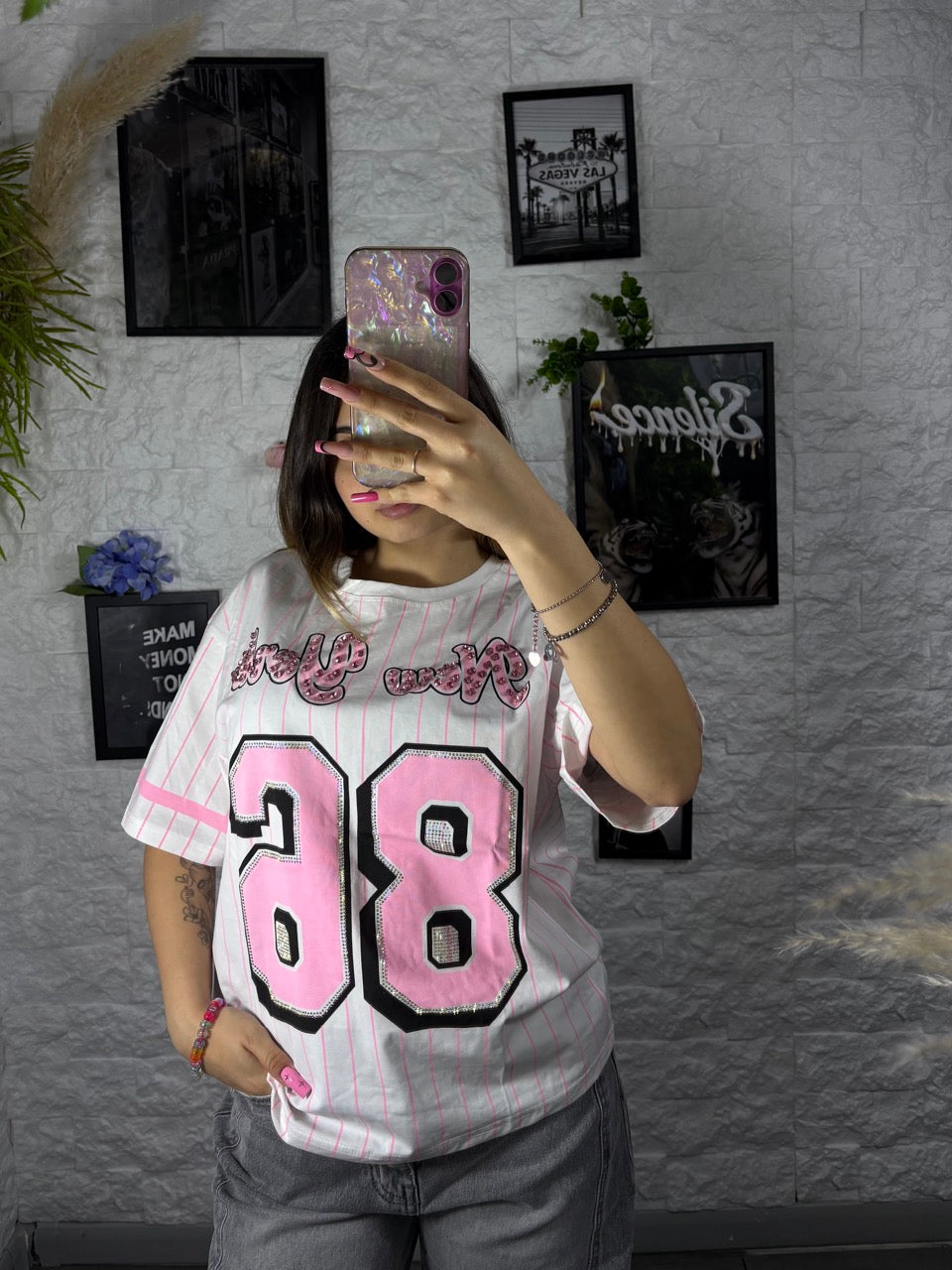 T-shirt a righe con numero 38 e strass - OVERSIZE