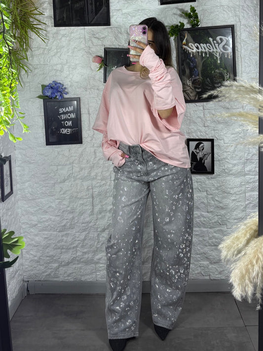 Jeans grigio in denim balloon con stampa maculata brillantinata