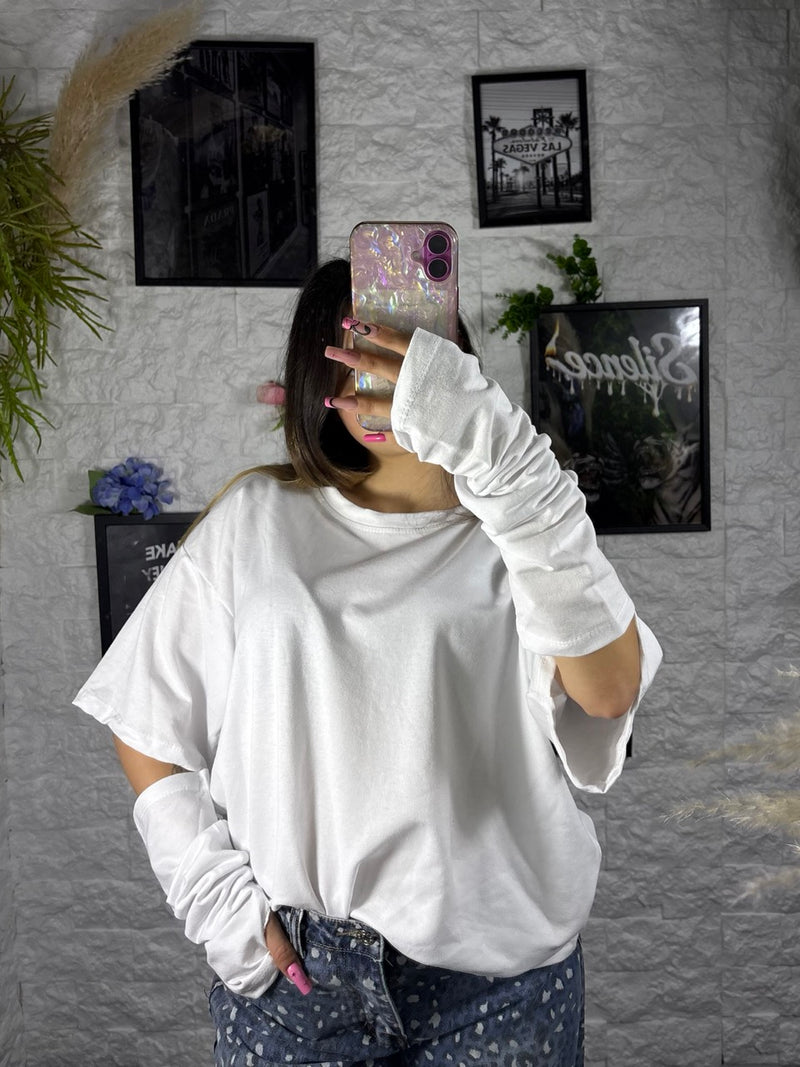 T-shirt in tinta unita con manicotti coordinati - OVERSIZE