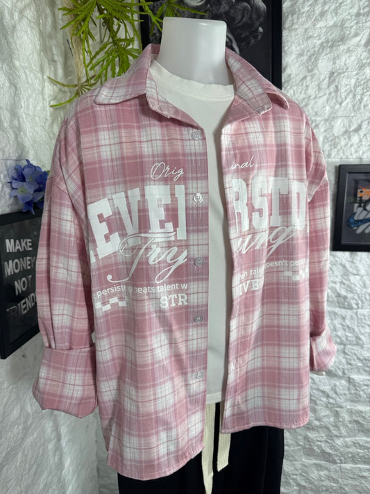 Camicia rosa a quadri cropped con stampa NEVERSTOP - OVERSIZE 10-16 anni