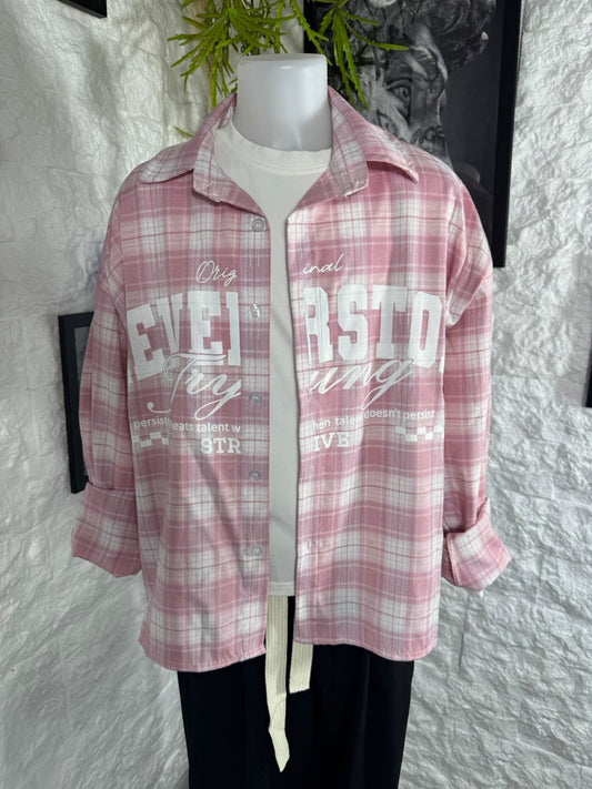 Camicia rosa a quadri cropped con stampa NEVERSTOP - OVERSIZE 10-16 anni