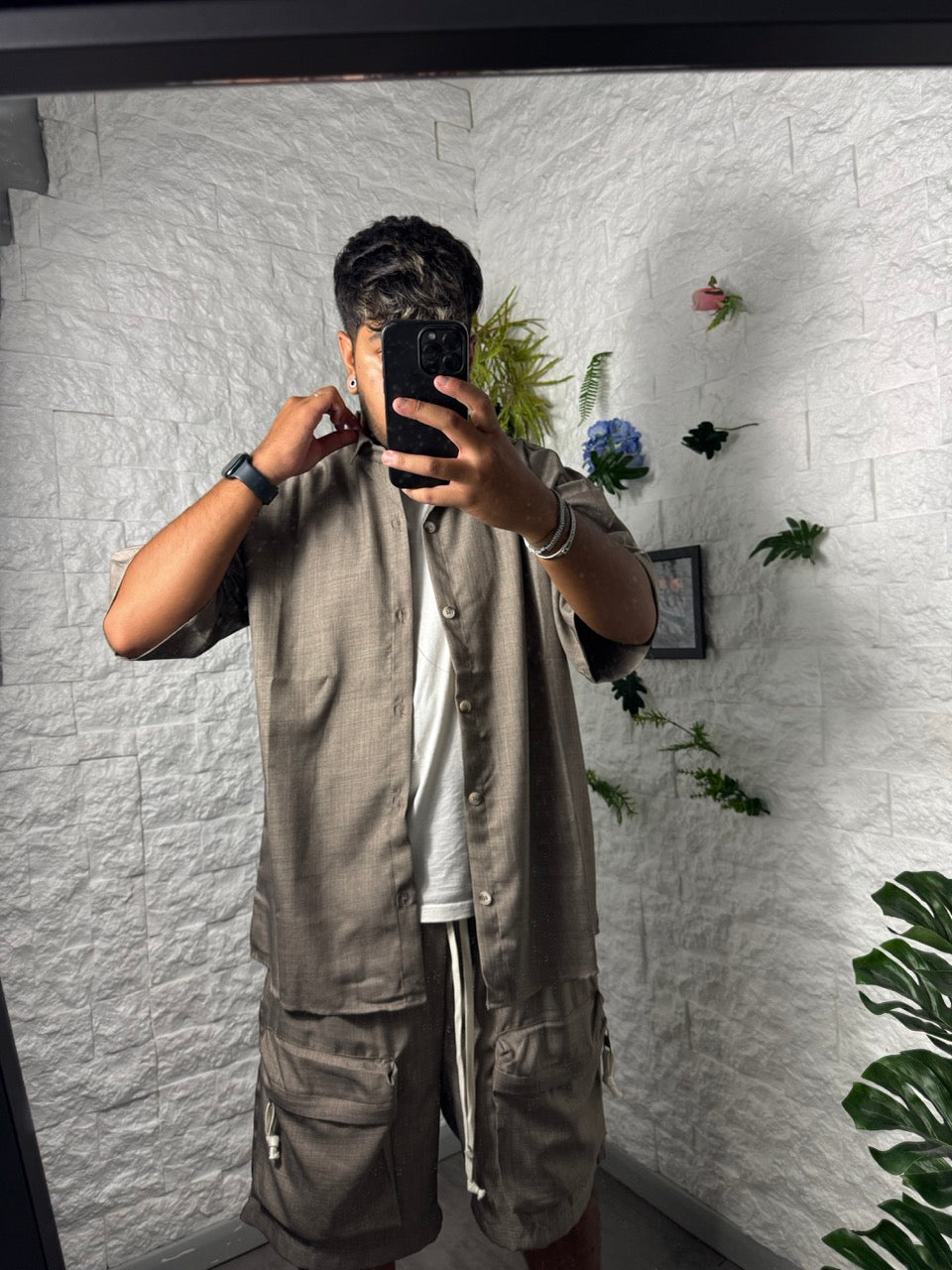 Completo tortora camicia e bermuda con tasconi - OVERSIZE