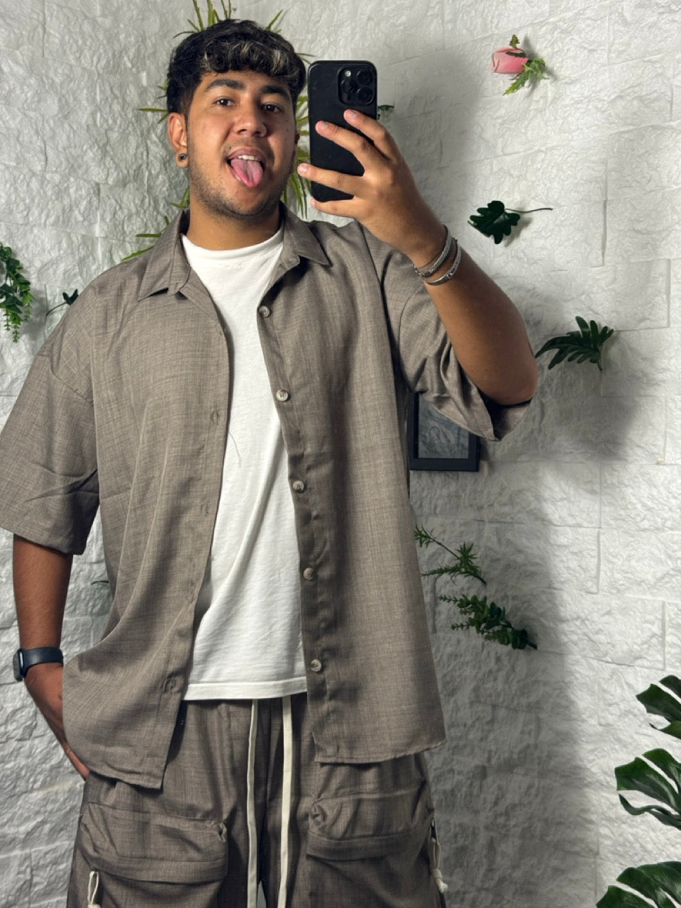 Completo tortora camicia e bermuda con tasconi - OVERSIZE