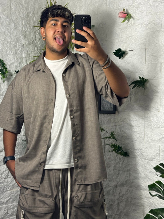 Completo tortora camicia e bermuda con tasconi - OVERSIZE