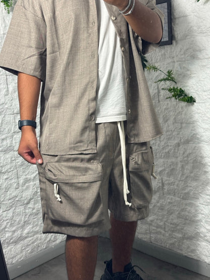Completo tortora camicia e bermuda con tasconi - OVERSIZE