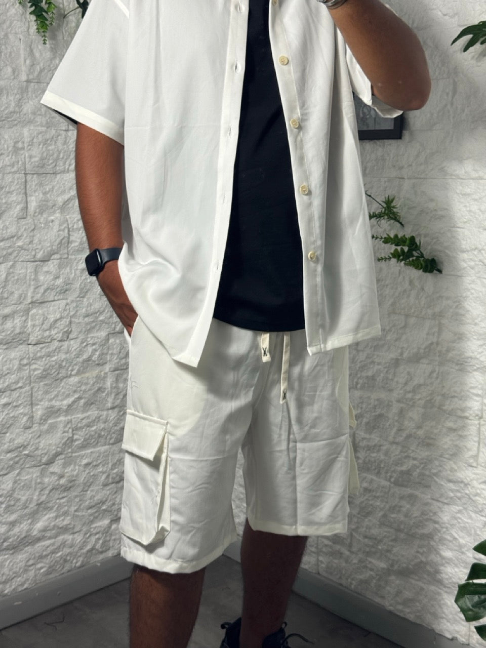 Completo bianco camicia e bermuda con tasconi - OVERSIZE