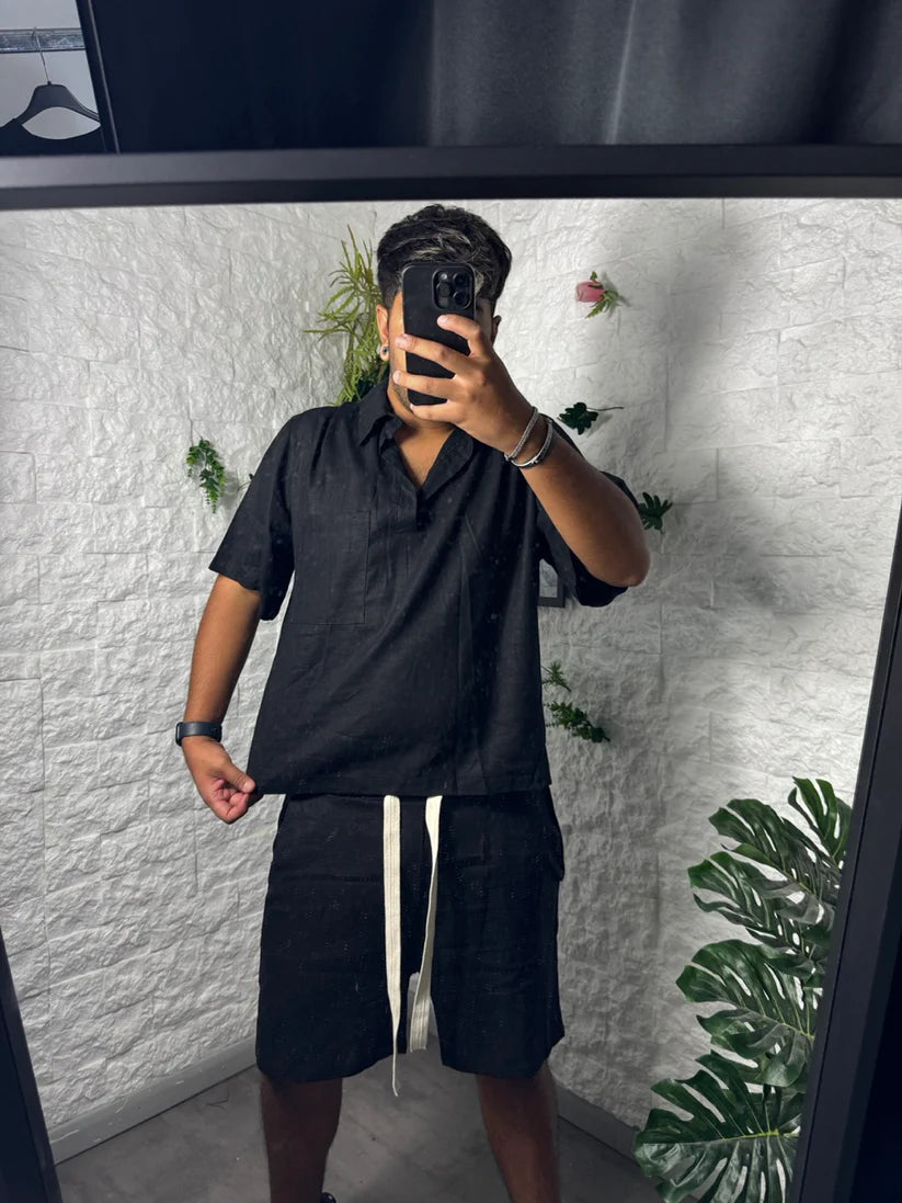Completo nero simil lino camicia a polo e bermuda con tasconi
