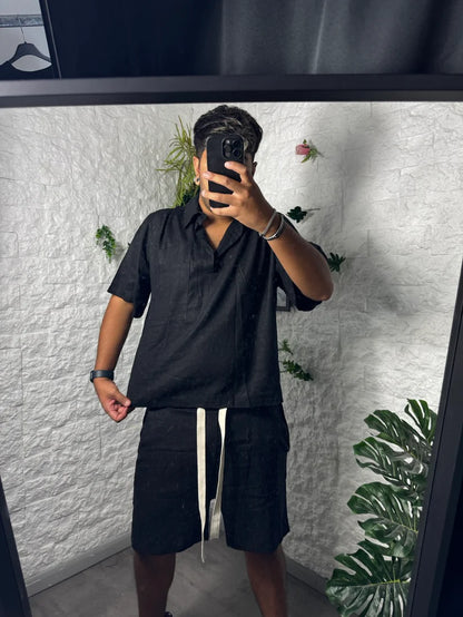 Completo nero simil lino camicia a polo e bermuda con tasconi