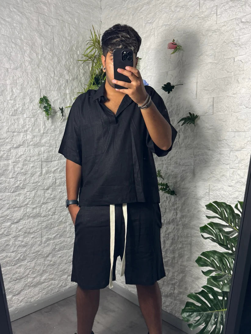 Completo nero simil lino camicia a polo e bermuda con tasconi