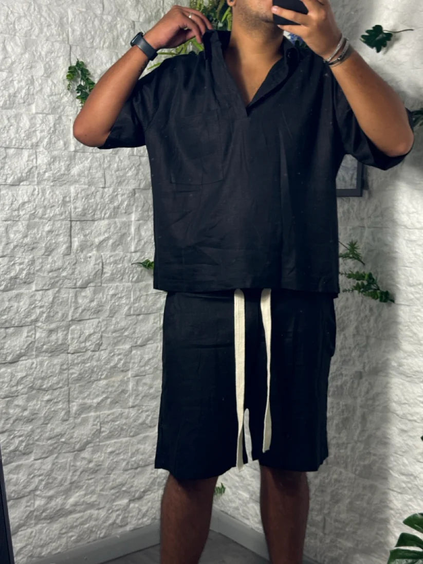 Completo nero simil lino camicia a polo e bermuda con tasconi