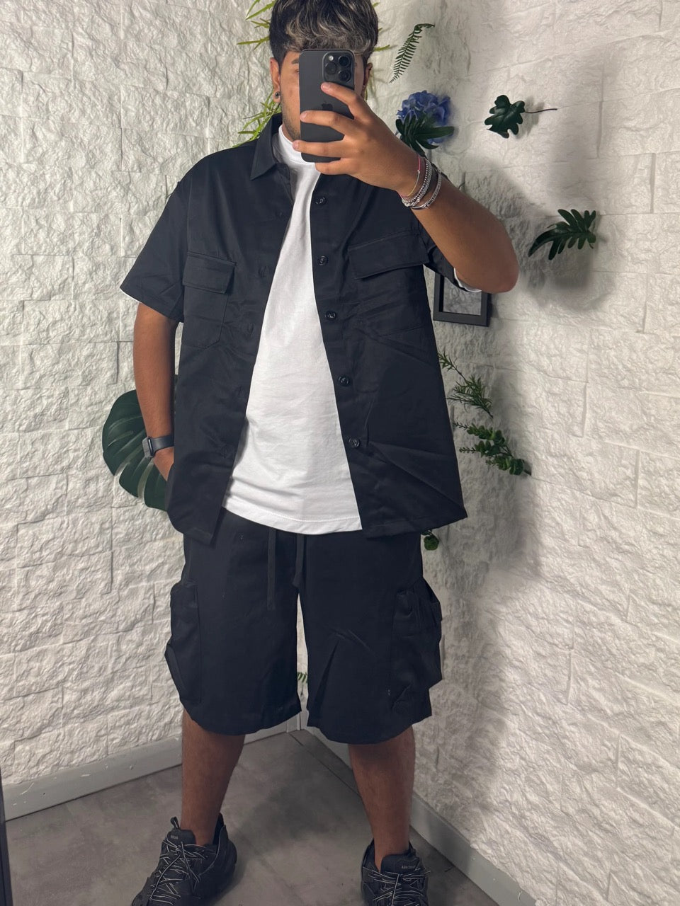 Completo nero camicia e bermuda con tasconi - OVERSIZE