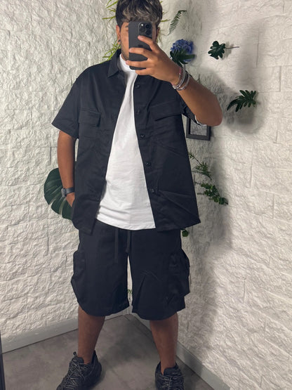 Completo nero camicia e bermuda con tasconi - OVERSIZE