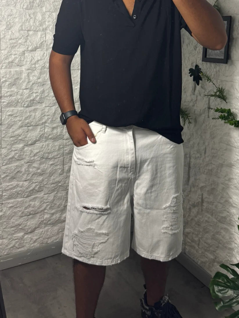 Jeans bermuda bianco regular fit con strappi